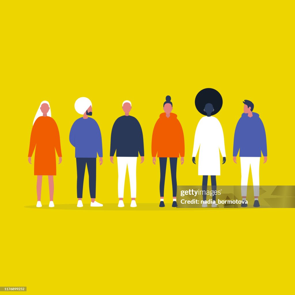 A group of millennials. People standing on line. Full length front view. Community. Friends. Team. Collection. Flat editable vector illustration, clip art
