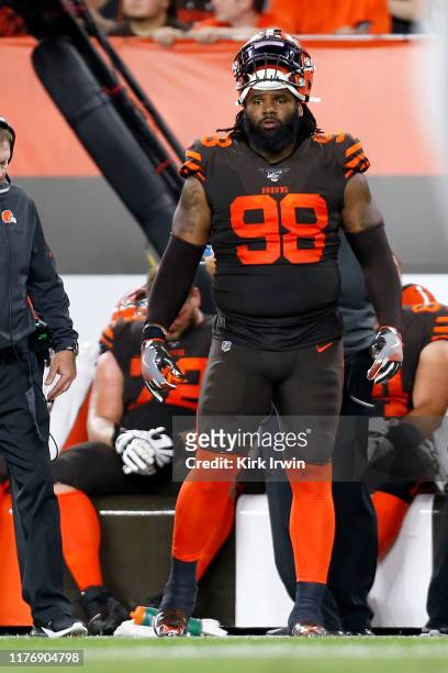 Sheldon Richardson of the Cleveland Browns stands on the sideline during the game against the Los Angeles Rams at FirstEnergy Stadium on September...