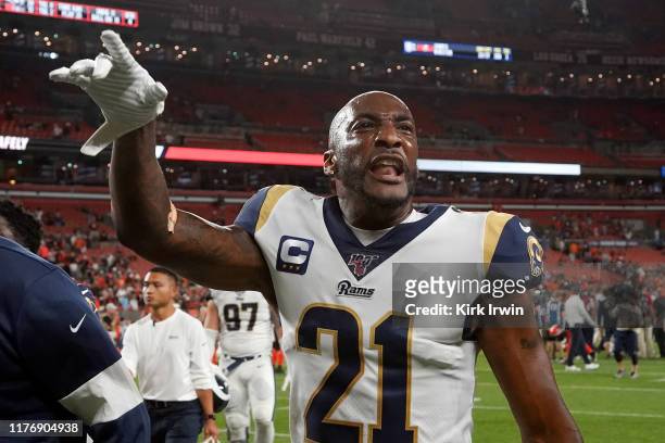 Aqib Talib of the Los Angeles Rams walks off of the field after the game against the Cleveland Browns at FirstEnergy Stadium on September 22, 2019 in...