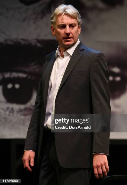 Actor Darren Weller performs on stage as Julian Assange in "Stainless Steel Rat" at the York Theatre on June 30, 2011 in Sydney, Australia....