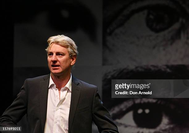 Actor Darren Weller performs on stage as Julian Assange in "Stainless Steel Rat" at the York Theatre on June 30, 2011 in Sydney, Australia....