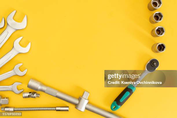 set of carpentry tools on yellow background top view. carpenter working table. carpentry and woodwork industry flat lay concept - model kit stock pictures, royalty-free photos & images