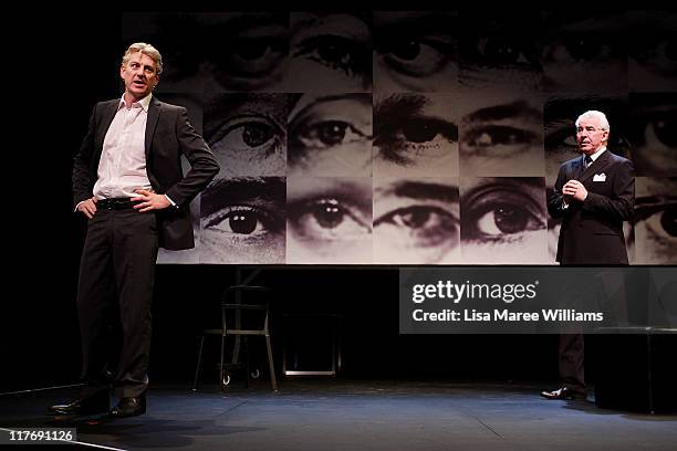 Actor's Darren Weller and David Downer perform a scene from "Stainless Steel Rat" a story about Julian Assange at the York Theatre on June 30, 2011...