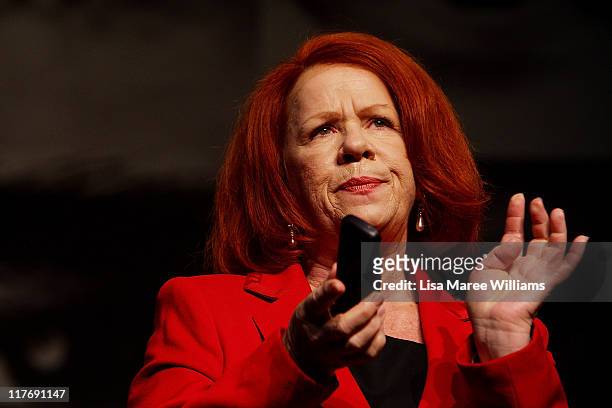 Actress Valerie Bader performs a scene from "Stainless Steel Rat" a story about Julian Assange at the York Theatre on June 30, 2011 in Sydney,...
