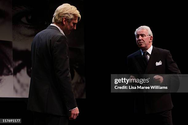 Actor's Darren Weller and David Downer perform a scene from "Stainless Steel Rat" a story about Julian Assange at the York Theatre on June 30, 2011...