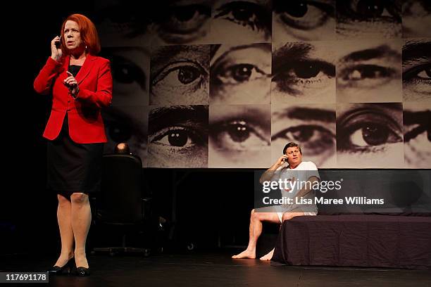 Actor's Valerie Bader and Peter Phelps perform a scene from "Stainless Steel Rat" a story about Julian Assange at the York Theatre on June 30, 2011...