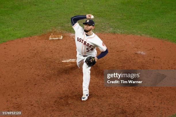 Roberto Osuna of the Houston Astros pitches in the ninth inning against the New York Yankees during Game Six of the League Championship Series at...