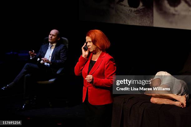 Actor's Glenn Hazeldine, Peter Phelps and Valerie Bader perform a scene from "Stainless Steel Rat" a story about Julian Assange at the York Theatre...