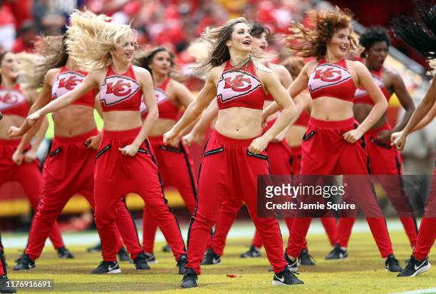 Kansas City Chiefs cheerleaders perform during the game against the Baltimore Ravens at Arrowhead Stadium on September 22, 2019 in Kansas City,...