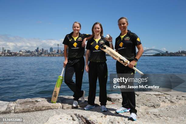 Alyssa Healy, Rachael Haynes and Ashleigh Gardner poses during the Australian Women's One Day International Cricket Squad Announcement at Bradleys...