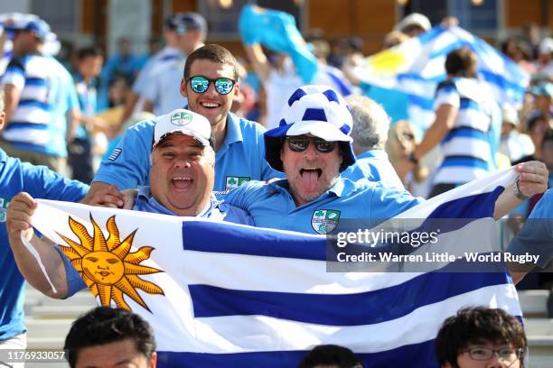 Uruguay fans enjoy the atmosphere prior to the Rugby World Cup 2019 Group D game between Fiji and Uruguay at Kamaishi Recovery Memorial Stadium on...