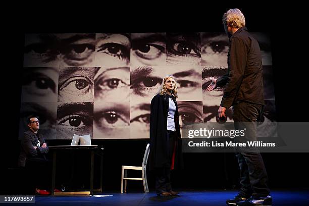 Actor's Russell Smith, Caroline Craig and Darren Weller perform a scene from "Stainless Steel Rat" a story about Julian Assange at the York Theatre...