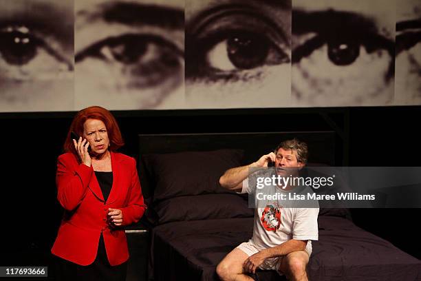 Actor's Valerie Bader and Peter Phelps perform a scene from "Stainless Steel Rat" a story about Julian Assange at the York Theatre on June 30, 2011...