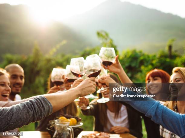 friends doing a wine tasting all together - tuscany stock pictures, royalty-free photos & images