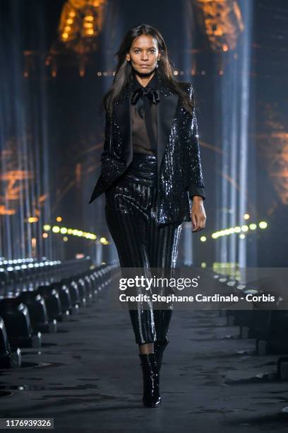 Model walks the runway during the Saint Laurent Womenswear Spring/Summer 2020 show as part of Paris Fashion Week on September 24, 2019 in Paris,...