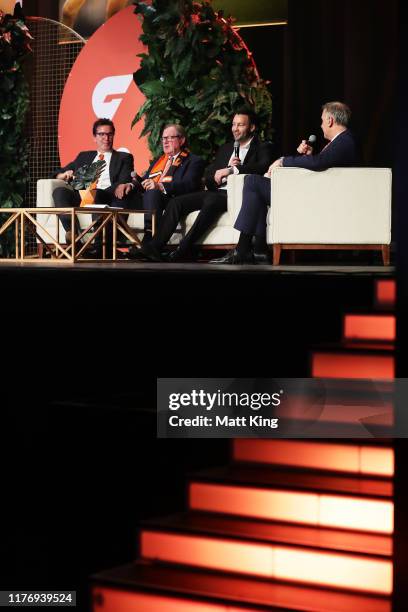 Wayne Campbell, Kevin Sheedy and Jimmy Bartel speak on a panel during a Greater Western Sydney Giants media opportunity at The Star on September 25,...
