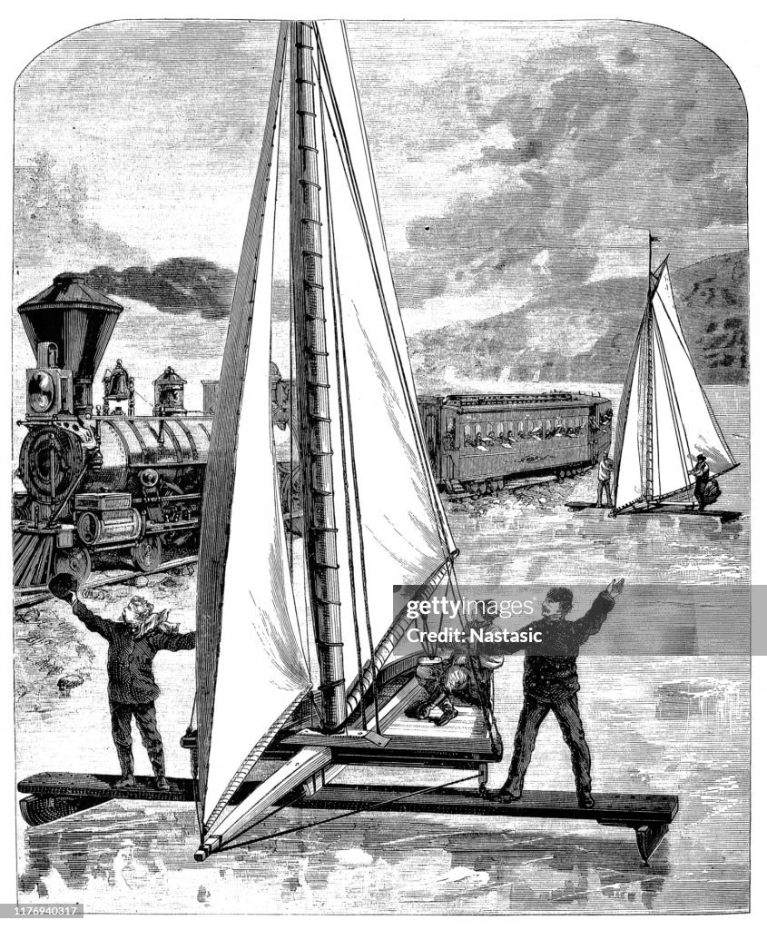 Ice racing on the Hudson. Victory of ice boats Zephyr and Icicle over the express train from New York to Chicago