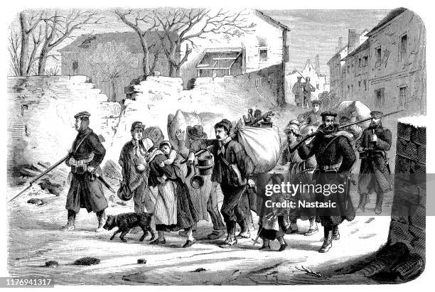 transport of the inhabitants from meudon to versailles - 19th century stock illustrations