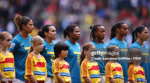 The Brazil Team line up for the National Anthems during the FIFA Women's World Cup 2011 Group D match between Brazil and Australia at Borussia Park...