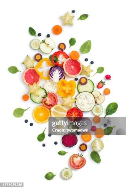 colourful vegetables and fruits still life. - fruit vegetables stock pictures, royalty-free photos & images