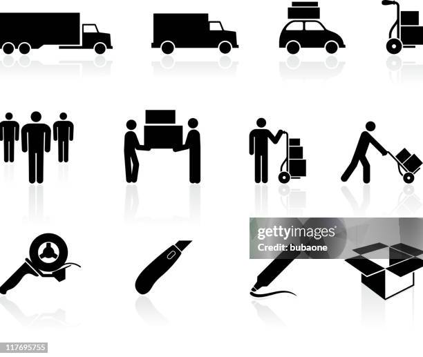 moving movers black and white royalty free vector icon set - empty box stock illustrations