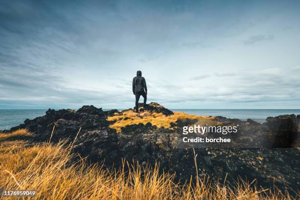 hombre explorando islandia - tierra salvaje fotografías e imágenes de stock
