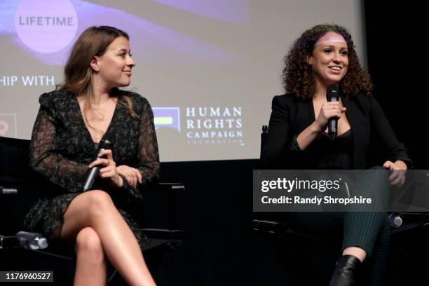 Addison Holley and Alex Cooper speak during a special screening of “Trapped: The Alex Cooper Story” hosted by Lifetime in Partnership with The Trevor...
