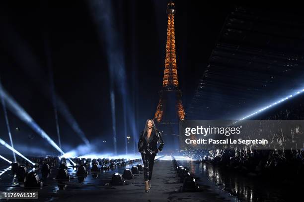 Naomi Campbell walks the runway during the Saint Laurent Womenswear Spring/Summer 2020 show as part of Paris Fashion Week on September 24, 2019 in...
