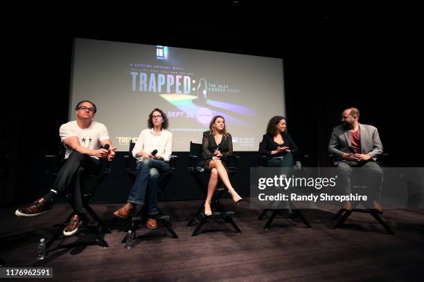 Jeffrey Hunt, Michelle Paradise, Addison Holley, Alex Cooper and Paul C. Burke speak during a special screening of “Trapped: The Alex Cooper Story”...