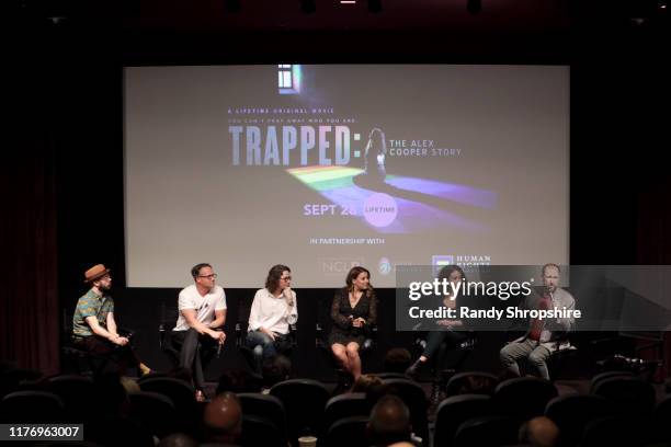 Nico Lange, Jeffrey Hunt, Michelle Paradise, Addison Holley, Alex Cooper and Paul C. Burke speak during a special screening of “Trapped: The Alex...