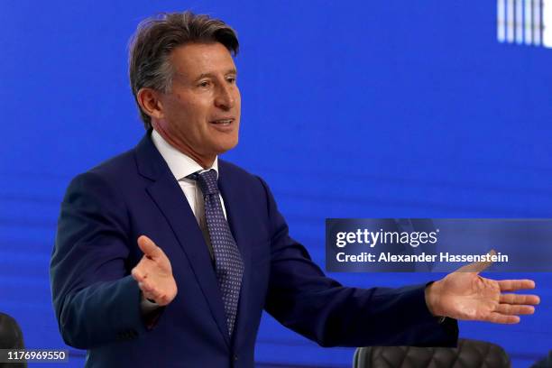 Lord Sebastian Coe is re-elected as IAAF President during the 52nd IAAF Congress at Sheraton Grand Doha Resort & Convention Hotel prior to the 17th...