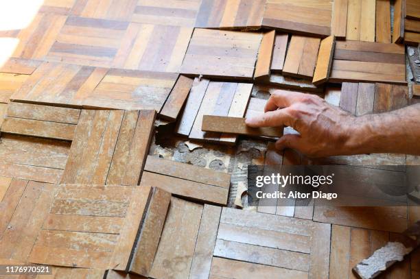 man´s hand fixing up a destroyed wooden floor. a humidity has caused the wooden floor to jump. plumbing work at home - luchtvochtigheid stockfoto's en -beelden