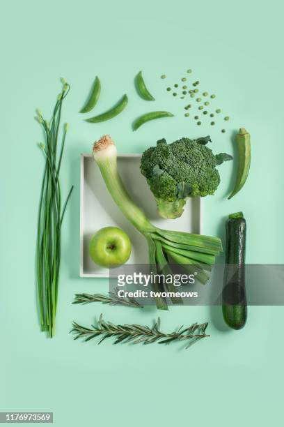 green vegetables and fruits still life. - leaf vegetable stock pictures, royalty-free photos & images