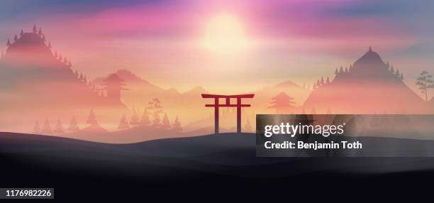 stockillustraties, clipart, cartoons en iconen met japan, bergen in de mist torii poort, tempel op de achtergrond - tokyo japan