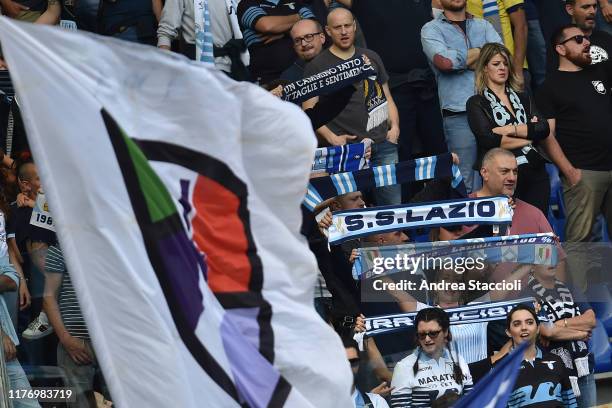 Lazio supporters of Curva Nord cheer on ahead of the Serie A football match between SS Lazio and Atalanta BC. Lazio and Atalanta draw 3-3.