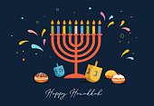 Happy Hanukkah, Jewish Festival of Lights background for greeting card, invitation, banner with Jewish symbols as dreidel toys, doughnuts, menorah candle holder. Vector illustration