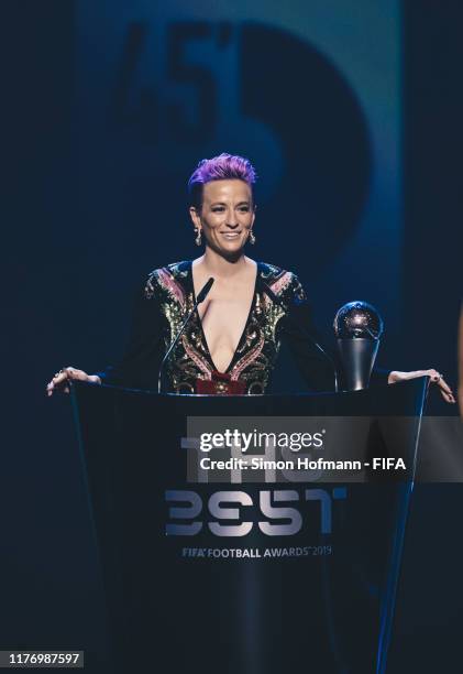 The Best FIFA Women's Player Award Winner Megan Rapinoe of Reign FC and United States speaks during The Best FIFA Football Awards 2019 at Teatro alla...