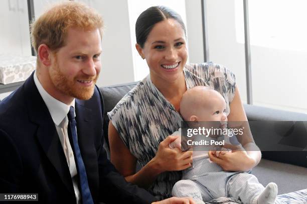 Prince Harry, Duke of Sussex, Meghan, Duchess of Sussex and their baby son Archie Mountbatten-Windsor meet Archbishop Desmond Tutu and his daughter...