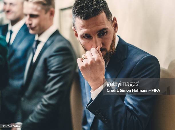 The Best FIFA Men’s Player Award Winner Lionel Messi of FC Barcelona and Argentina is seen backstage during The Best FIFA Football Awards 2019 at...