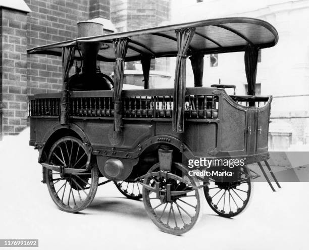 Obeissante. The first steam-powered road vehicle. Built in 1873 by amedee bollee.