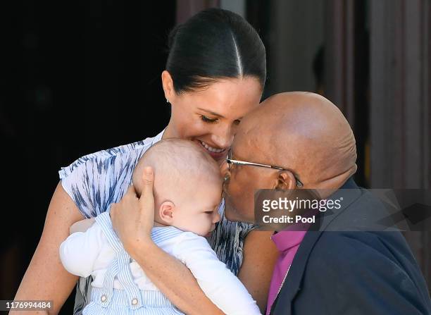 Prince Harry, Duke of Sussex, Meghan, Duchess of Sussex and their baby son Archie Mountbatten-Windsor meet Archbishop Desmond Tutu and his daughter...