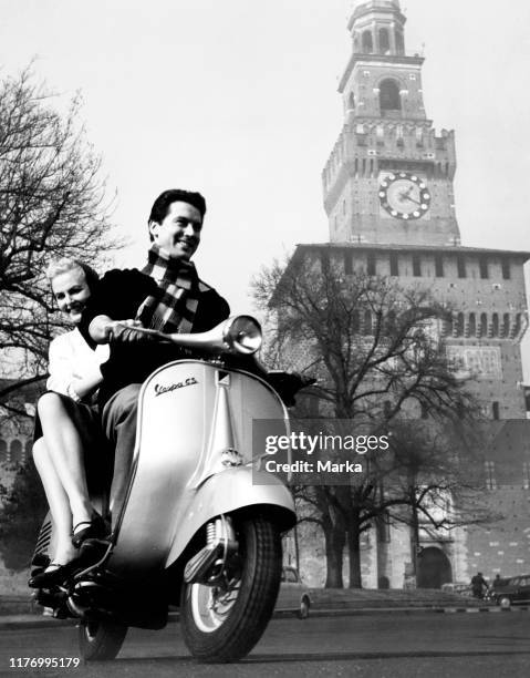 Vespa. Castello sforzesco. Milan. Italy. 1958.