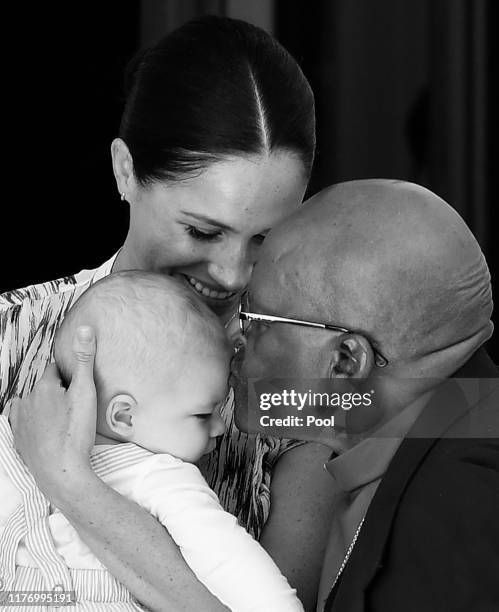 Prince Harry, Duke of Sussex, Meghan, Duchess of Sussex and their baby son Archie Mountbatten-Windsor meet Archbishop Desmond Tutu and his daughter...