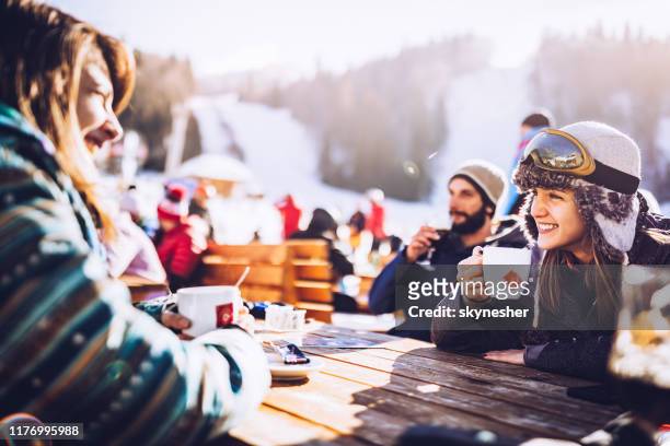 gruppo di amici felici che comunicano durante una pausa dallo sci in un bar. - vacanza sulla neve foto e immagini stock