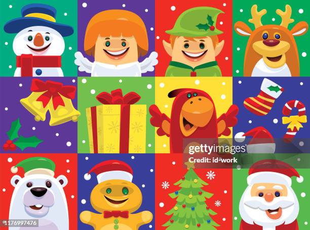 ilustraciones, imágenes clip art, dibujos animados e iconos de stock de iconos / personajes navideños - cartoon santa claus