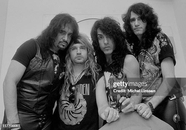 Photo of American rock group Kiss posed in the Netherlands in 1992. Left to Right: Gene Simmons, Eric Singer, Paul Stanley, Bruce Kulick.