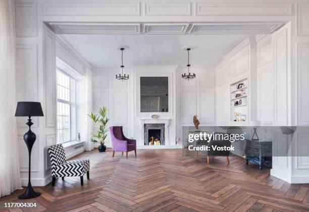 loft studio apartment in a classic style - living room no people stock pictures, royalty-free photos & images