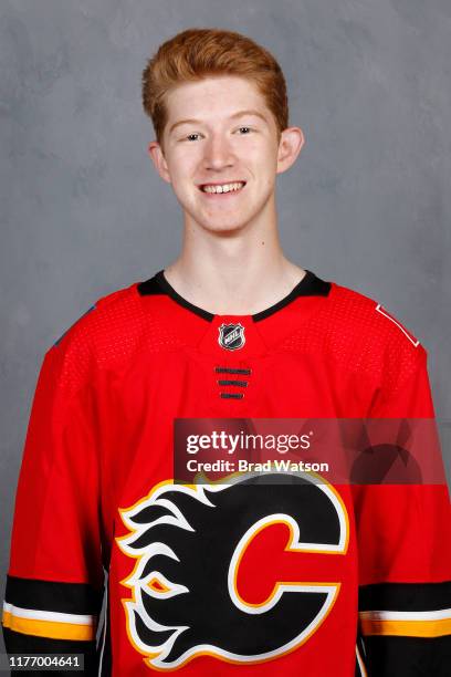 U2013 JULY 3: Dustin Wolf of the Calgary Flames poses for his official headshot for the 2019-2020 season on July 3, 2019 at the WinSport Markin...