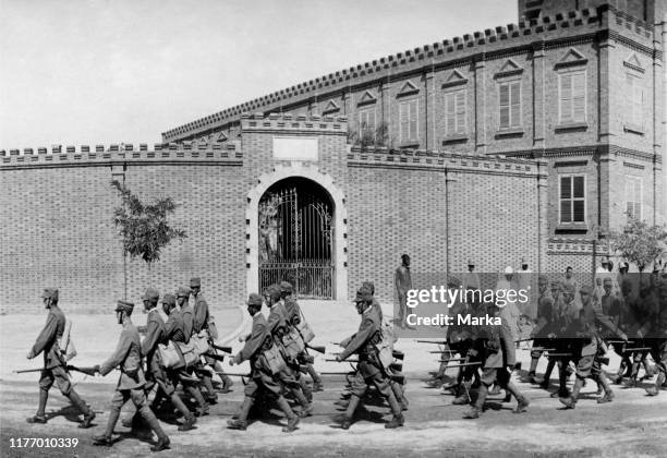 Military parade in tientsin China. Asia 1918.