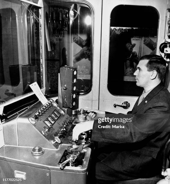 Milan. Cockpit of a subway train. 1964.